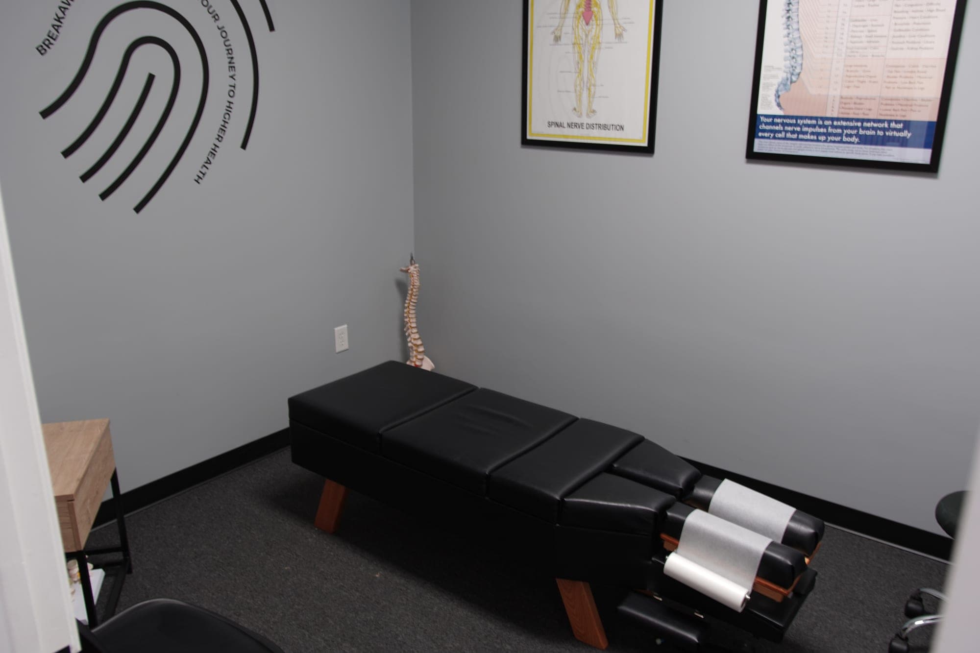 Private treatment room with a chiropractic adjusting table, a spine model, and anatomy posters on the wall