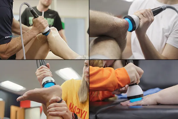 The StemWave applicator being used on a wrist, knee, elbow and ankle
